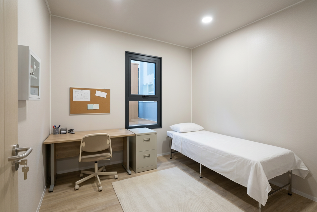 Interior of a small prefab room fitted as a staff room and sick bay